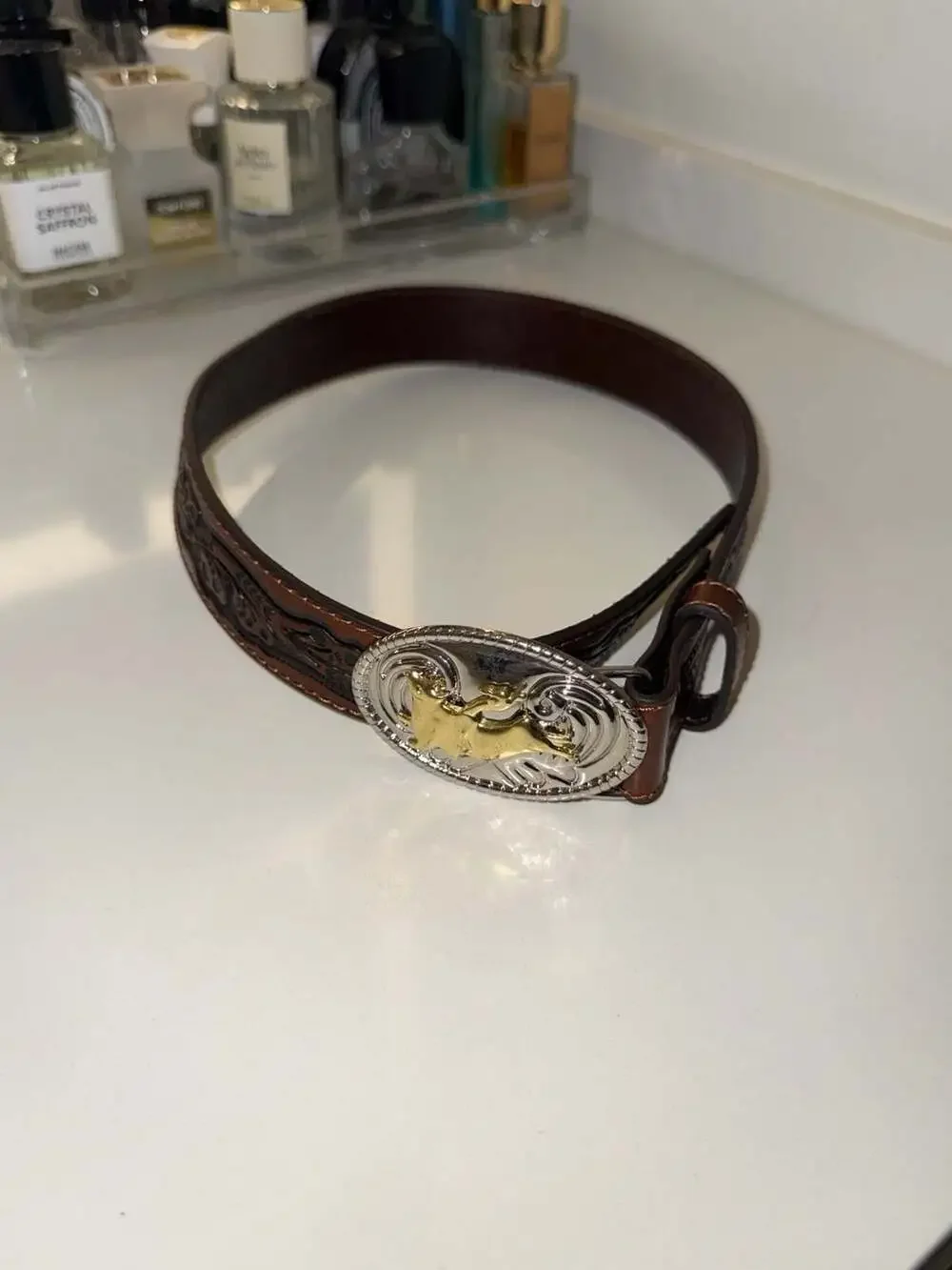 Nocona Brown Tooled Leather Western Belt with Silver and Gold Bull Rider Buckle